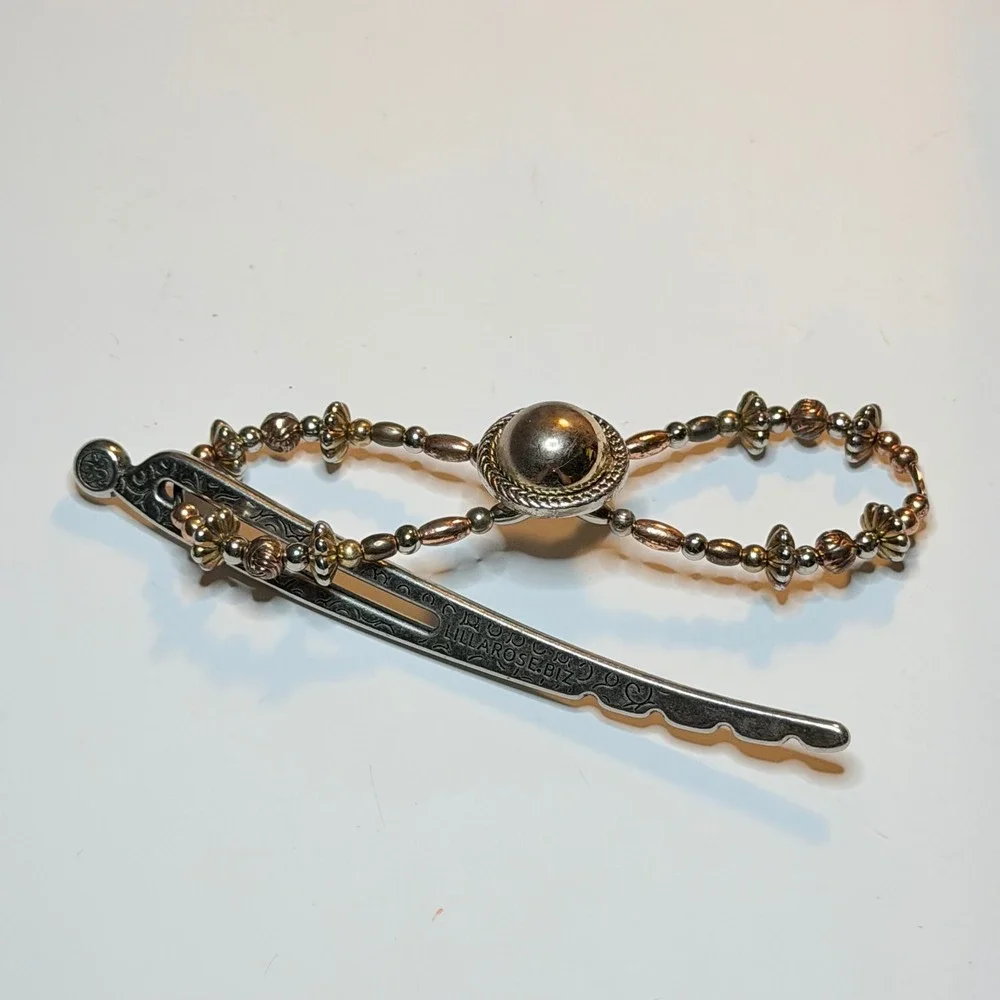 Lilla Rose Flexi Clip Mixed Metal Beaded Hair Accessory Silver Gold Tone Large